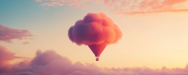 Obraz premium Cloud-shaped hot air balloon at sunset, dreamy travel concept