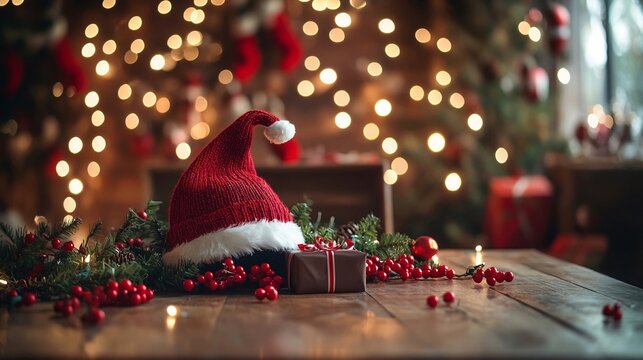 Primo piano di un tavolo addobbato con decorazioni natalizie , un cappello da elfo e una scatola regalo di cioccolatini 