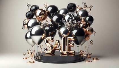 Elegant black banner with balloons for shop sale with gold letters