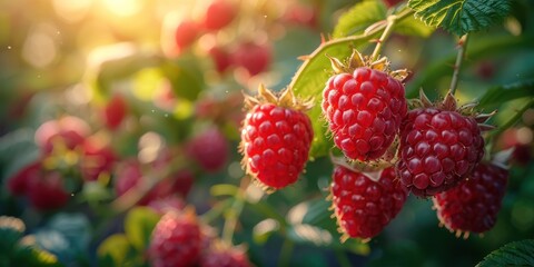 Close-Up of Ripe Raspberries on Bush. Vibrant Red Fruits Surrounded by Lush Green Leaves, Showcasing Freshness and Organic Beauty in a Healthy Garden 