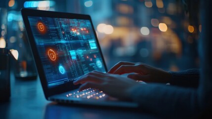 A person typing on a laptop with holographic warning symbols displayed on the screen, set in a modern office environment