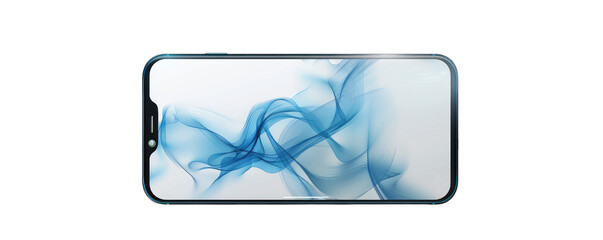  A modern smartphone displaying abstract blue and white designs on the screen.