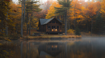 Fototapeta premium A couple on a weekend getaway in a cabin by the lake. 