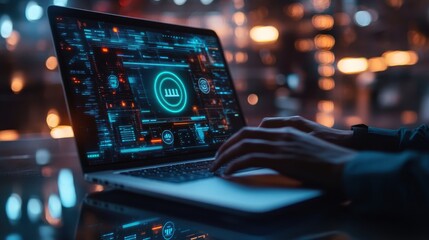 A person typing on a laptop with holographic warning symbols displayed on the screen, set in a modern office environment