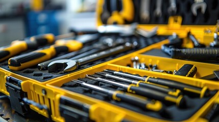Fototapeta premium Set of Yellow and Black Hand Tools in Open Tool Case on Table
