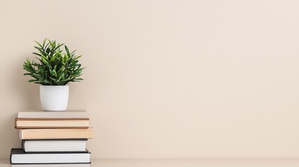Minimalist workspace with notebook and laptop, showing educational resources, long shot, photography