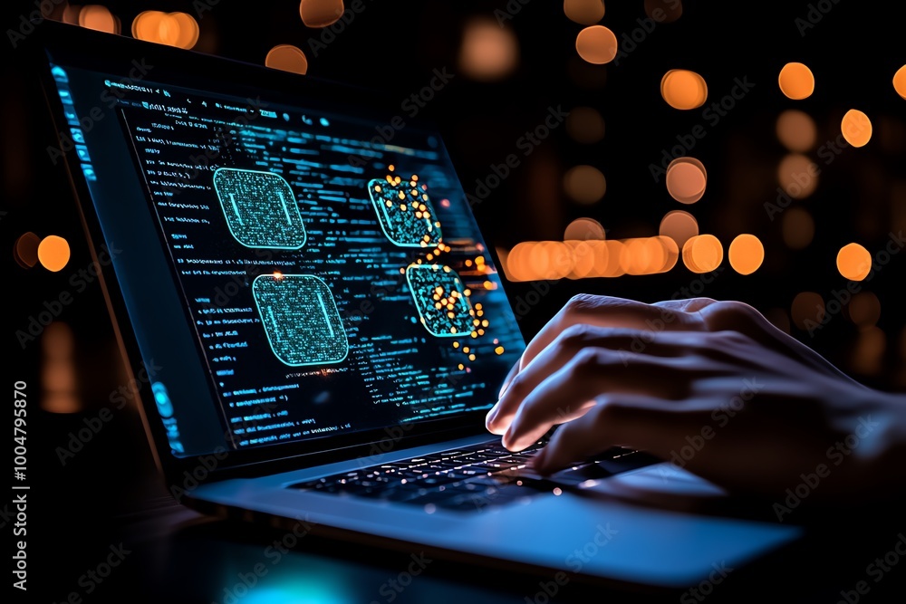 Poster a person using a laptop with encrypted messaging software, where the screen shows hidden user identi