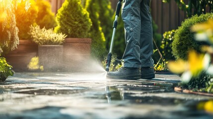 A person cleaning a patio with a pressure washer in a landscaped garden on a sunny afternoon, bright natural light, minimal background distractions,  ideal for outdoor maintenance and gardening themes