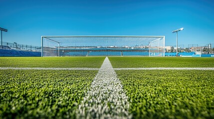 Close-up of an overseas stadium goalpost with clear sky and no spectators, wide copy space available