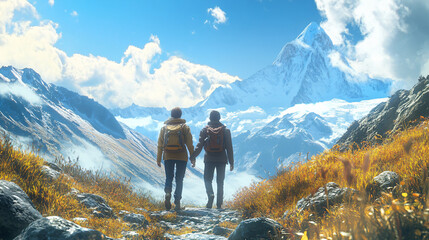 Obraz premium A couple enjoying a scenic hike in the mountains. 