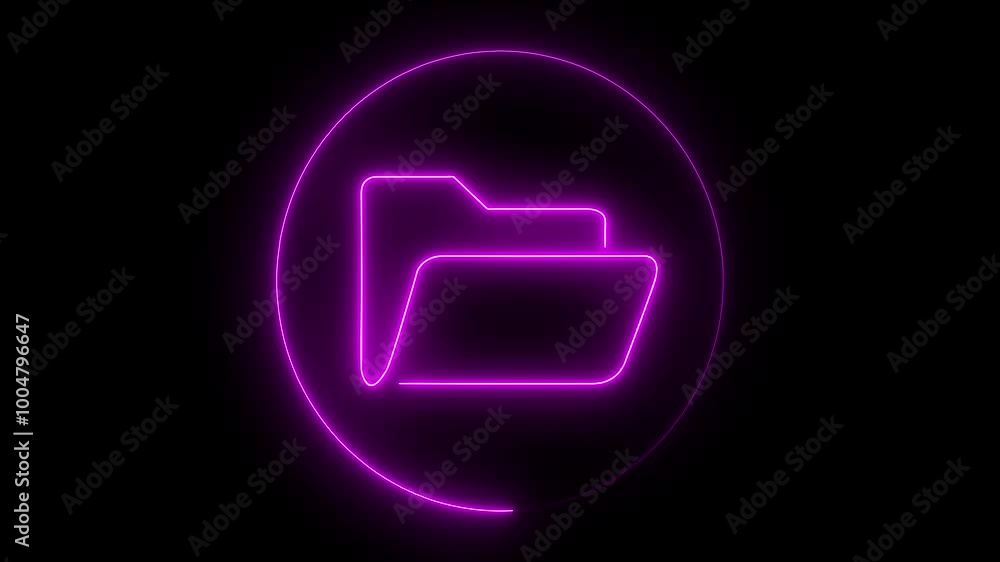 Poster glowing neon file folder icon with neon circle. glowing neon folder icon animation on black backgrou