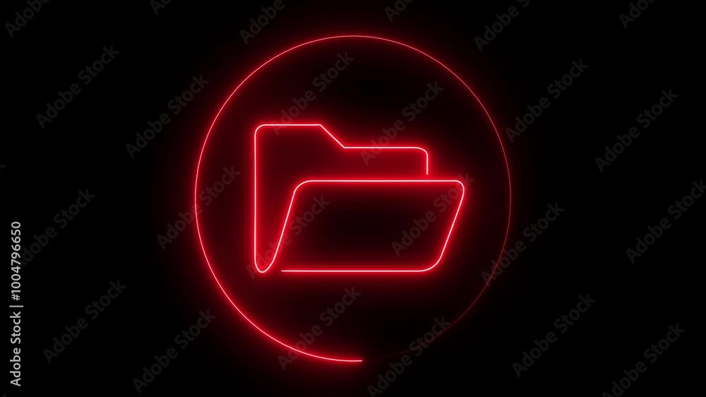 Poster glowing neon file folder icon with neon circle. glowing neon folder icon animation on black backgrou