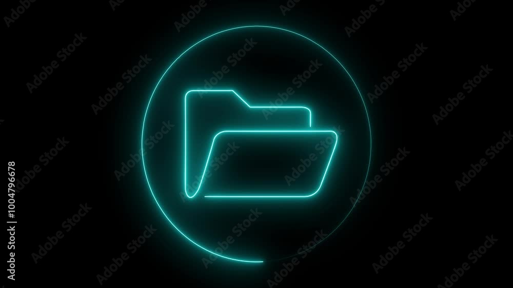 Poster glowing neon file folder icon with neon circle. glowing neon folder icon animation on black backgrou