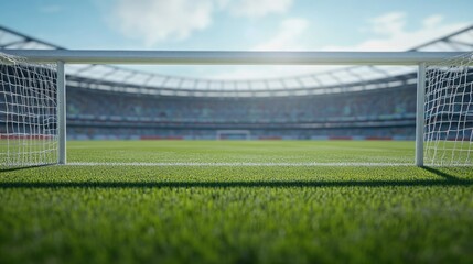 Fototapeta premium Detailed shot of a stadium's goalpost, no people in view, clear background with space for text