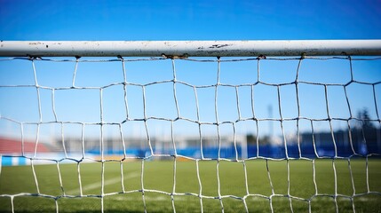 Detailed shot of a stadium's goalpost, no people in view, clear background with space for text