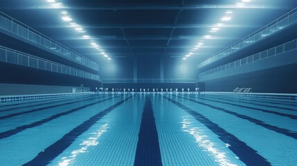 Detailed shot of an empty swimming pool in a stadium, no people, soft lighting with ample room for text