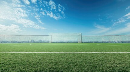 Empty goalpost in a large overseas stadium, clear sky and wide open field, with copy space