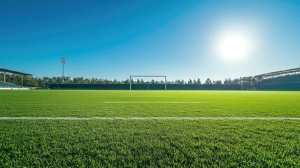 Empty goalpost in a large overseas stadium, clear sky and wide open field, with copy space