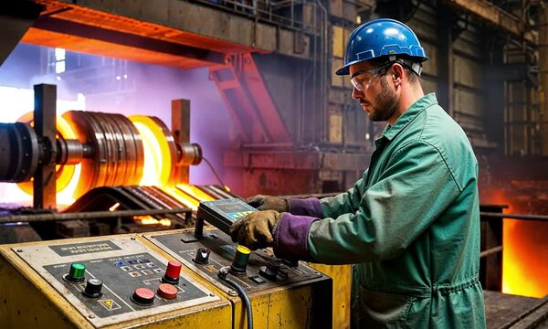 factory worker operating machine panel