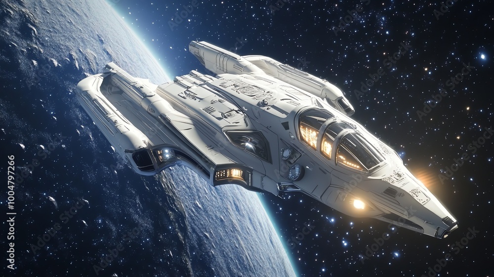 Poster a futuristic spaceship orbits a planet.