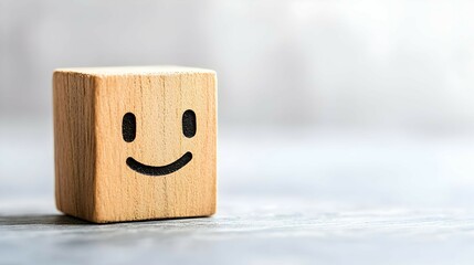 Wooden Cube with Smiley Face   Happiness  Joy  Positive Emotion  Concept
