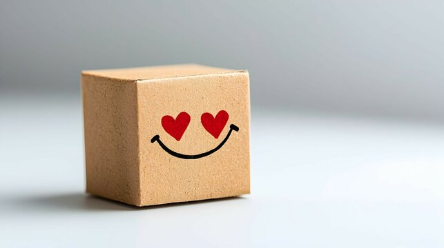 Happy Cardboard Box with Red Hearts Eyes   Love and Happiness Concept