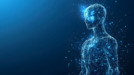 Abstract digital AI robot on circuit board light blue background.