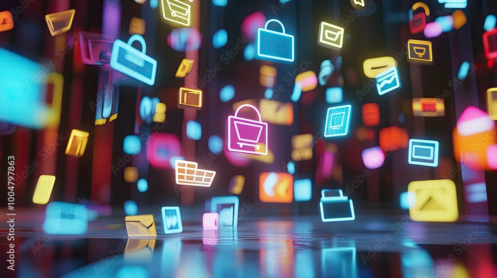 Poster 3d render of online shopping icons floating in a digital space, with wide copy space