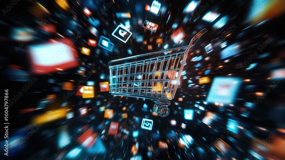 Aufkleber 3d render of online shopping icons floating in a digital space, with wide copy space