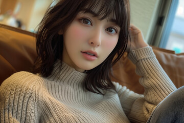 ナチュラル可愛いベージュニットスタイル