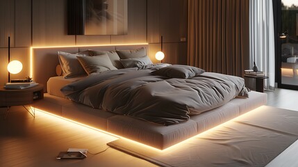 Stylish modern bedroom with a floating bed, sleek side tables, and soft underlighting