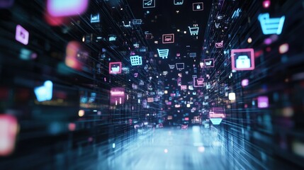 Obraz premium 3D render of online shopping icons floating in a digital space, with wide copy space