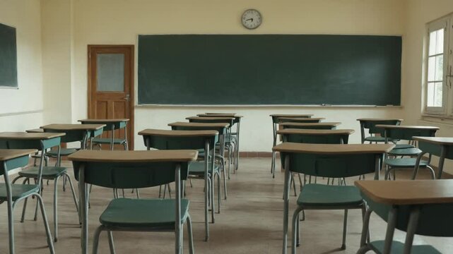 Empty classroom with chalkboard and rows of desks with chairs. Break at school. 4k video