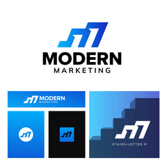 M Letter Stairs Logo. The letter Mark M is a Powerful Symbol of Marketing and Success, Representing Steps, Growth, and Achievement.