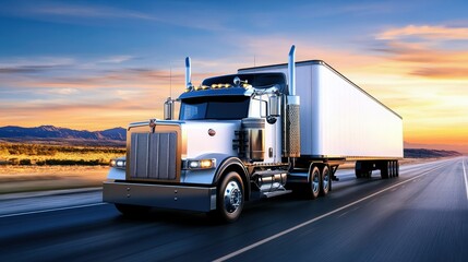 A concept truck driving into the horizon on an open highway, no people, with plenty of copy space