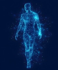 Abstract digital human body. Polygonal wireframe silhouette. Low poly anatomy blue background.