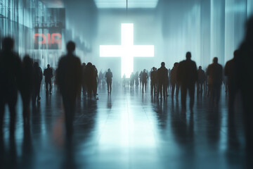 A bustling crowd navigates the expansive hall illuminated by a large glowing cross in an urban setting