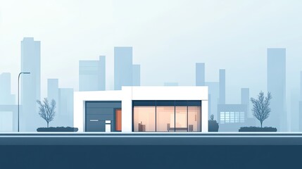 Obraz premium A minimalist house in a bustling cityscape, no people, with plenty of space for text or branding
