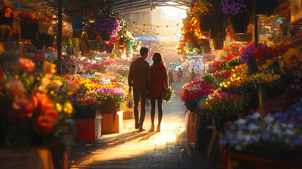  A couple enjoying a leisurely stroll through a flower market. 