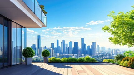 Naklejka premium A modern city house with a beautiful view of the skyline, no people, with space for text