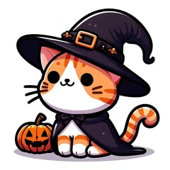 Cute flat-style illustration of a Halloween cat wearing a witch hat. Perfect for kid-friendly Halloween designs, festive decorations, and fun seasonal content. Playful and charming composition.