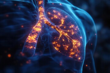 detailed 3d render of a male lung with a highlighted biopsy area providing a clear view of the respiratory system and the impact of lung cancer