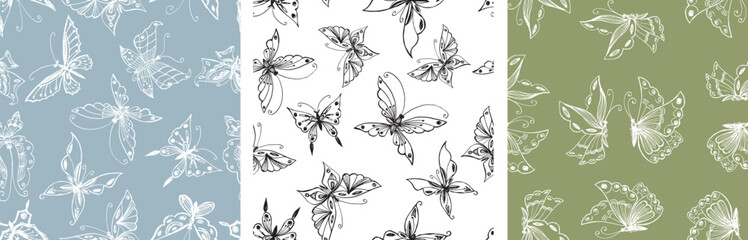 Seamless patterns of contour drawings different decorative flying butterflies, backgrounds, wallpaper, textile, paper, fabric, vector illustration