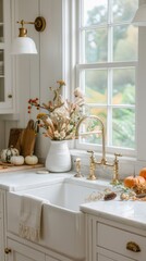 Rustic fall kitchen: White marble, warm lighting, autumn accents
