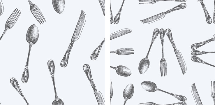 Seamless backgrounds of drawn vintage forks, spoons and knives, vector pattern, wallpaper, paper, textile
