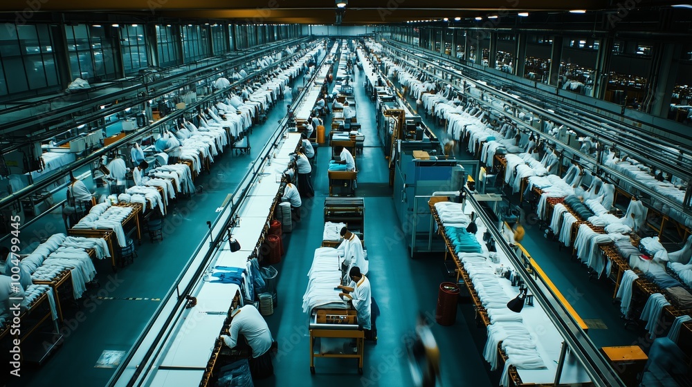 Poster workers in a large textile factory sort and fold white shirts on assembly lines during daytime opera