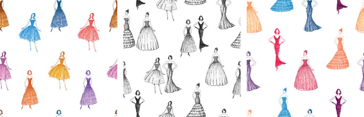 Seamless patterns of sketches cartoon slim young women in evening gowns, fashion backgrounds, wallpaper, paper, textile