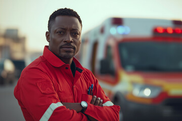 Experienced African American doctor in red uniform stands confidently near an ambulance in an urban setting during golden hour