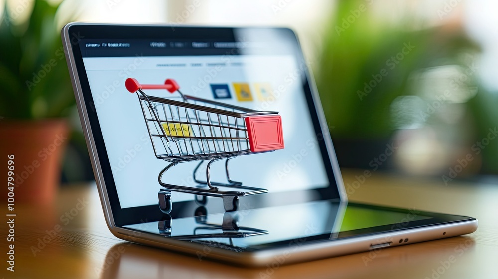Poster a tablet screen displaying an ecommerce platform, clean background with space for copy