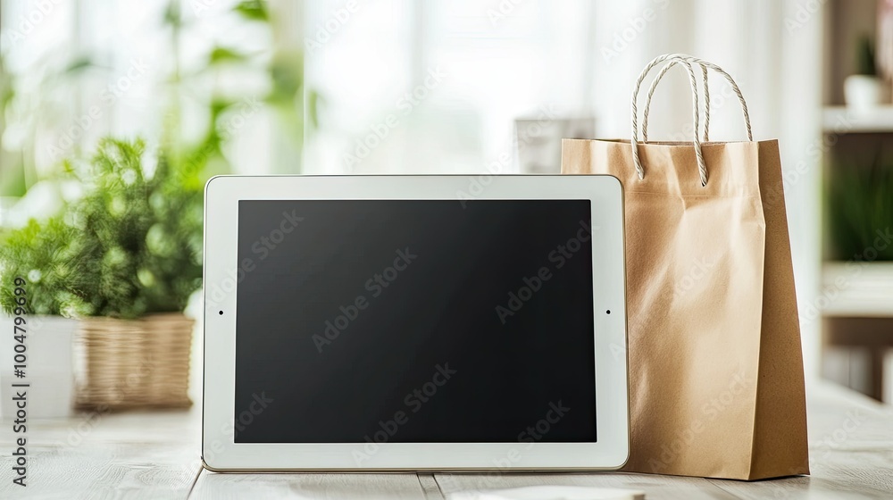 Poster a tablet screen displaying an ecommerce platform, clean background with space for copy